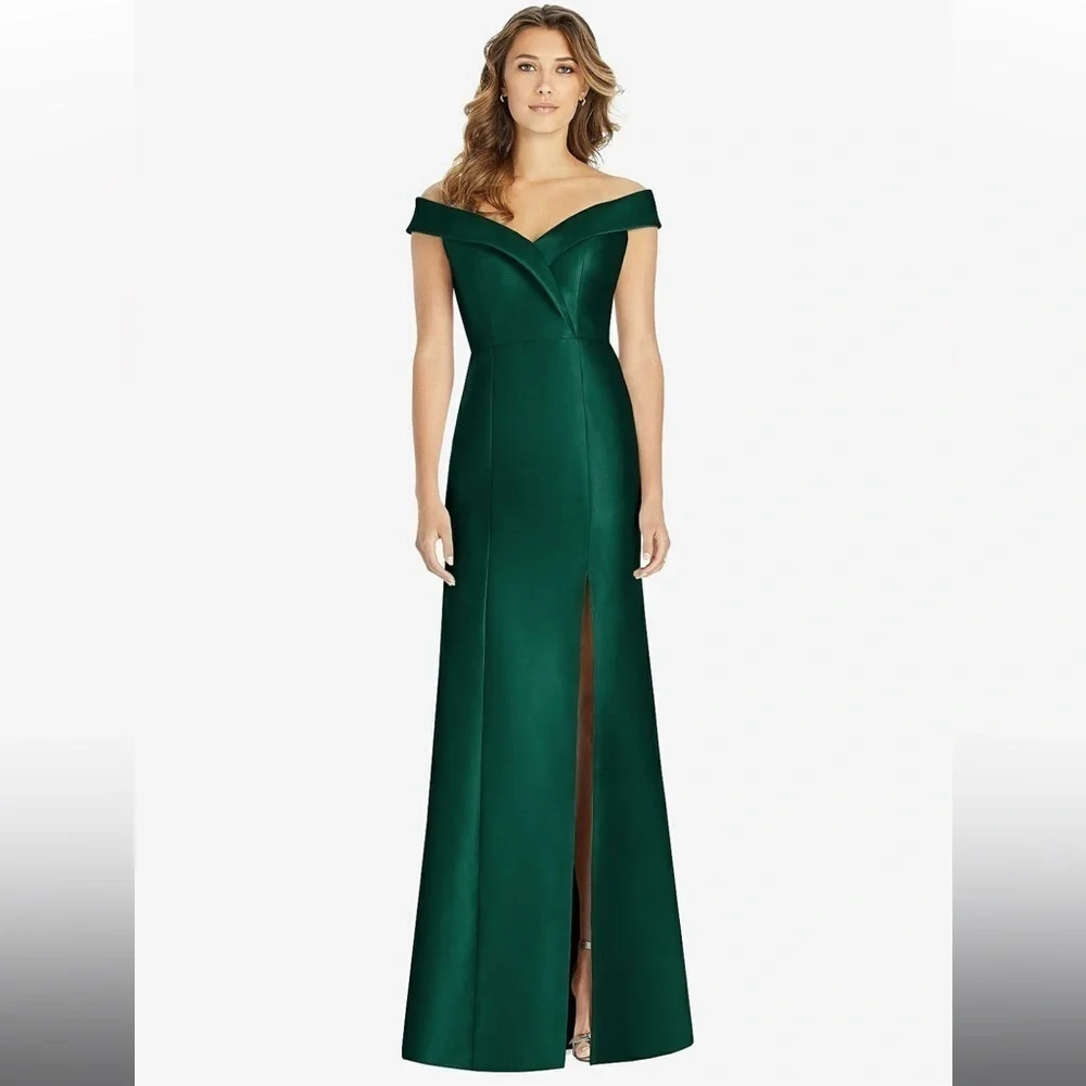 Dessy Collection- OFF-THE-SHOULDER CUFF TRUMPET GOWN WITH FRONT SLIT